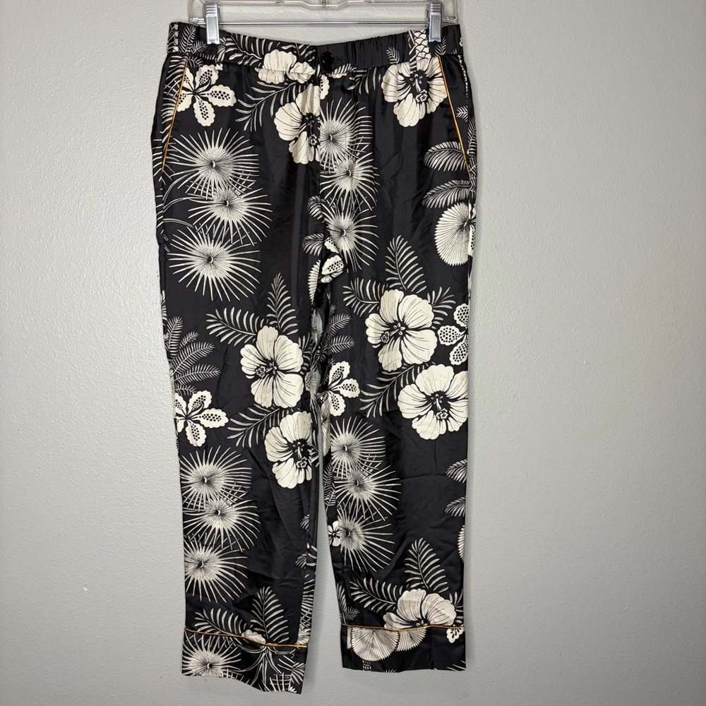 J Crew 100% Silk Trouser Pants Women 6 Black Floral Crop Gold Piping Tropical - Picture 2 of 12